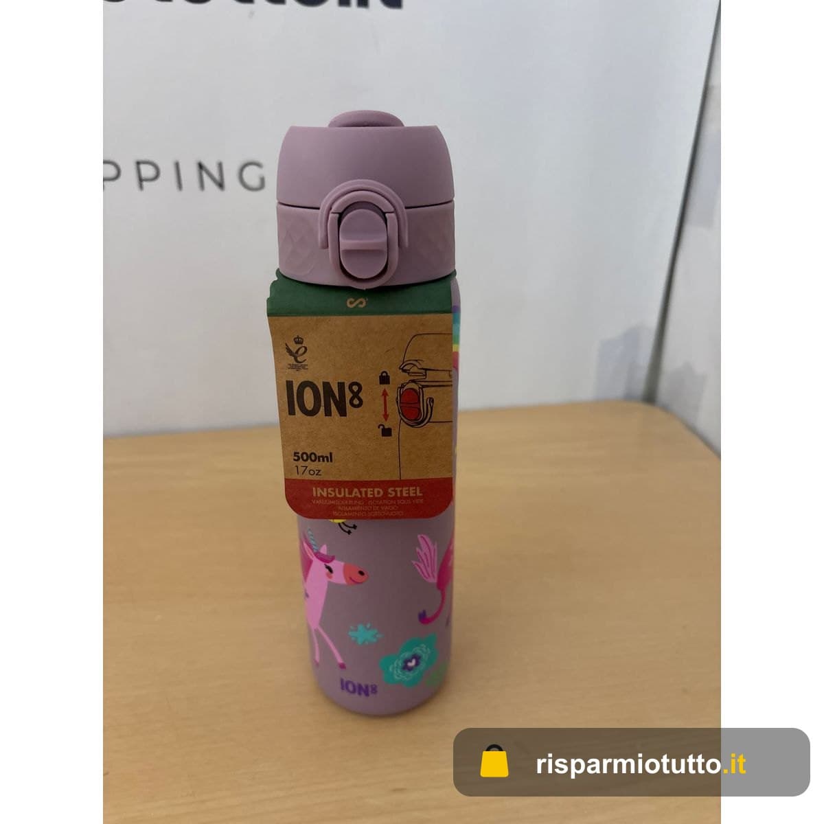 Ion8 Borraccia Termica in Acciaio Isolato, 500ml, a Prova di Perdite, Facile da Aprire, Serratura Sicura, Lavabile in Lavastoviglie, Maniglia per il Trasporto, Facile Pulizia, Durevole,Unicorni Lilla