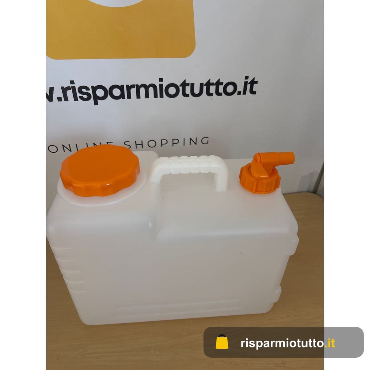 Relaxdays Tanica con Rubinetto, 15 Litri, Plastica Senza BPA, Coperchio, Manico, Bottiglia Viaggio, Bianco Arancione