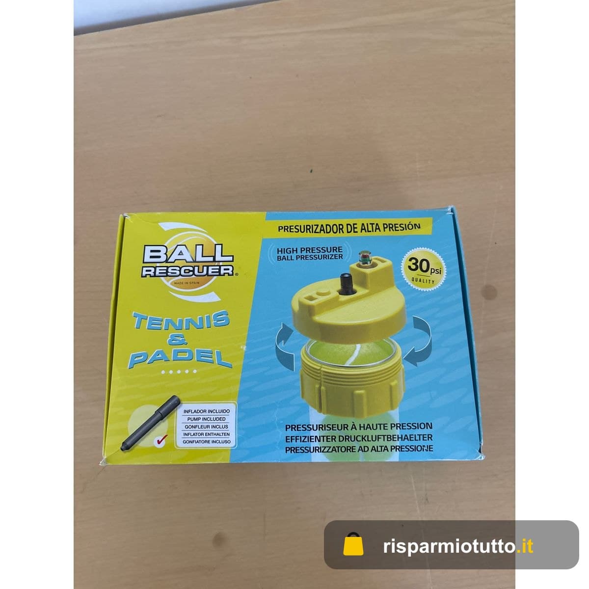 BALL RESCUER – Trasforma i contenitori di palline da padel o tennis in un contenitore pressurizzatore (contenitore non incluso). (CON Gonfiatore Premium + Pack Lubrificazione)