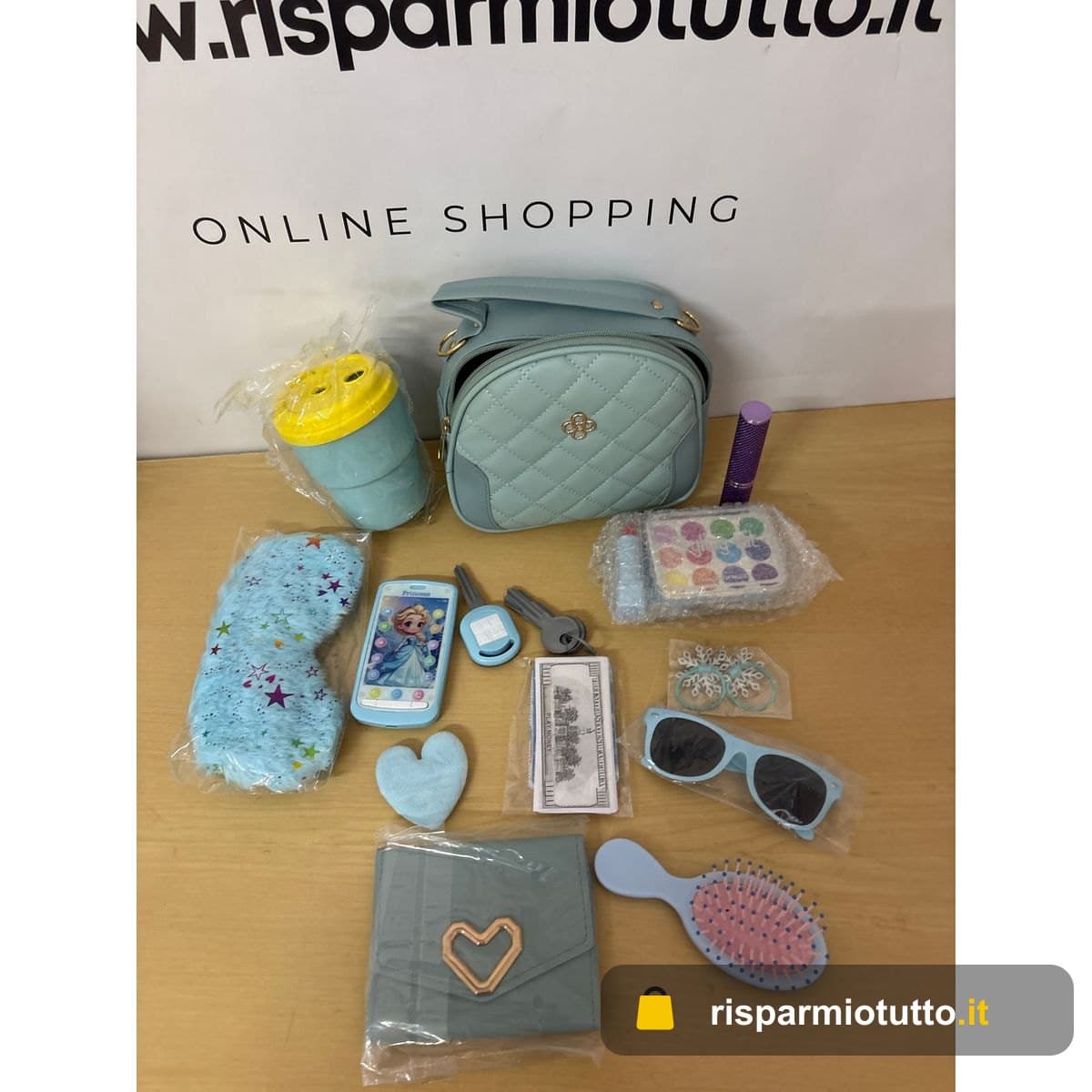 Hohosunlar Borsa Bambina con accessori, Principessa Giocattolo, Trucco Falso, Telefono Giocattolo, Portafoglio, Bottiglia d'acqua, Regalo di compleanno di Natale per bambine 3+