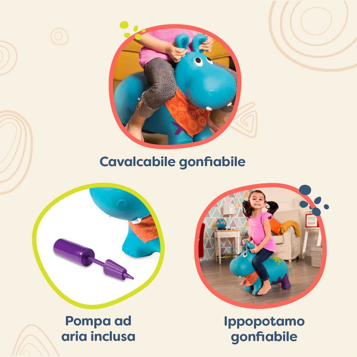 B. toys – Ippopotamo cavalcabile gonfiabile con pompa Inclusa – Giochi cavalcabili per bambini – Salta e rimbalza – 2 anni in su