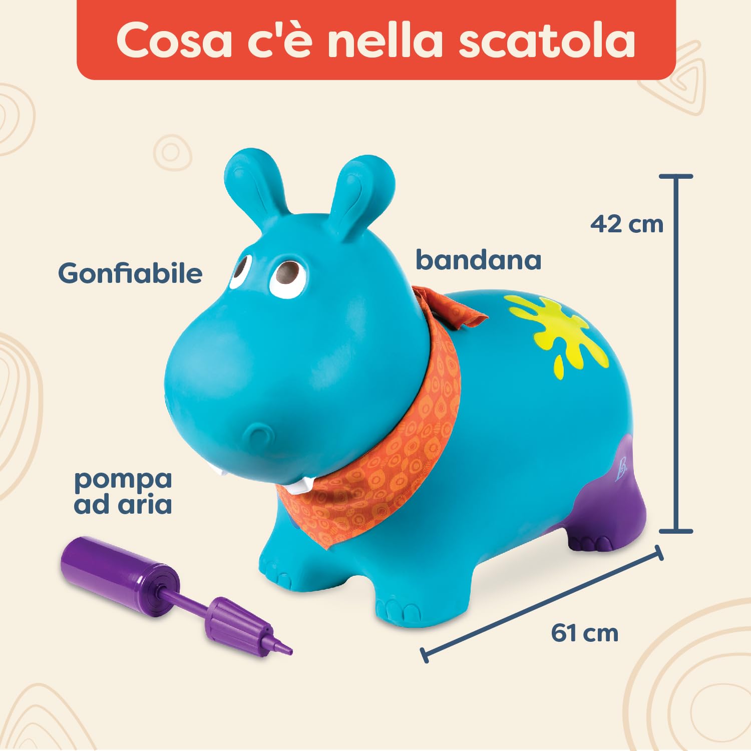 B. toys – Ippopotamo cavalcabile gonfiabile con pompa Inclusa – Giochi cavalcabili per bambini – Salta e rimbalza – 2 anni in su
