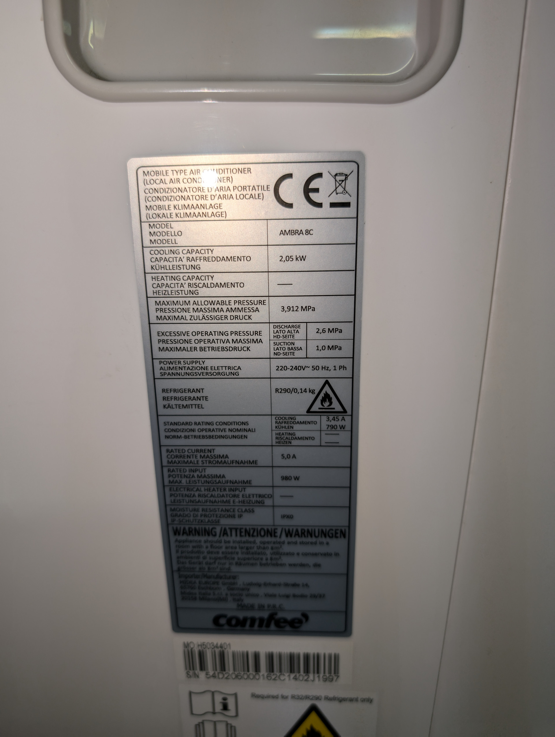 COMFEE' Condizionatore Portatile 7000 BTU/H, AMBRA 8C, 2,0kW, 25㎡/68m³, 3-in-1 Climatizzatore Portatile, Ventilatore, Raffreddamento, Deumidificazione, 24H Timer, Sleep Mode, Funzione Follow-me